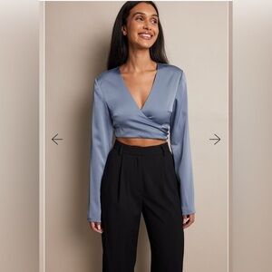 NWOT NA-KD V-neck Wrap Satin Blouse in blue size 42/XL